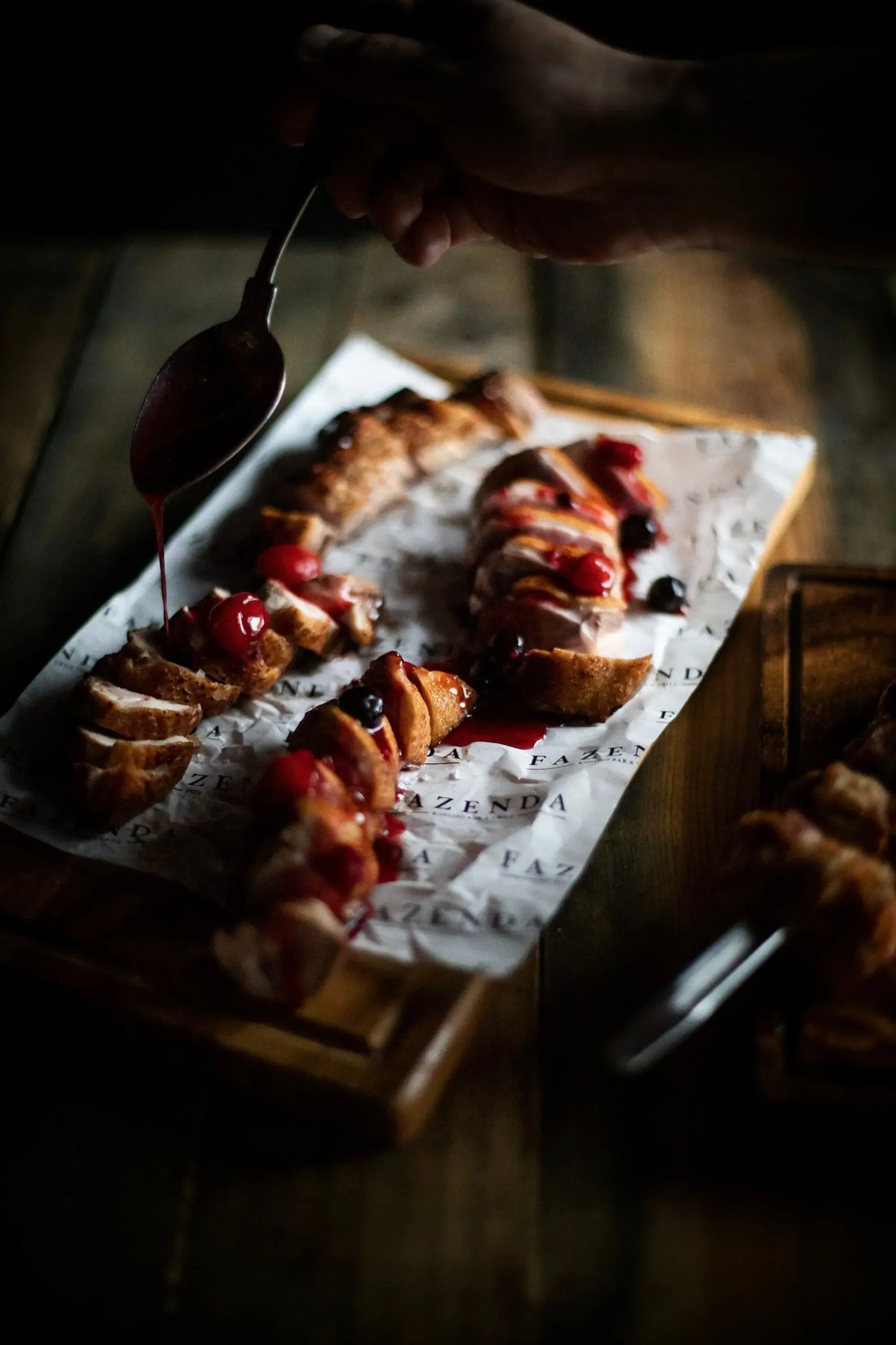 Duck Breast with a red fruit and balsamic sauce, and our version of pigs in blankets